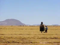 Quelques bergers surveillent leurs troupeaux de lamas de loin