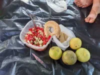 Déjeuner classique désormais : chipa + salade de légumes + pomelo cueillis sur la route (les pieds sales ne font pas partie du menu)